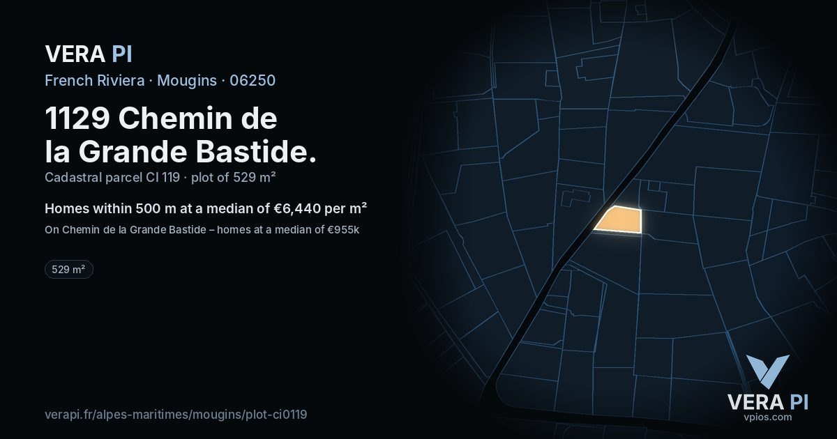 1129 Chemin de la Grande Bastide, Mougins at night – the plot lit, the parcels around coloured by the prices near them