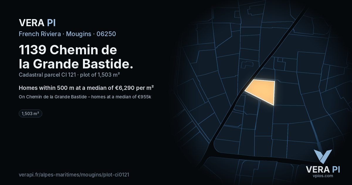 1139 Chemin de la Grande Bastide, Mougins at night – the plot lit, the parcels around coloured by the prices near them