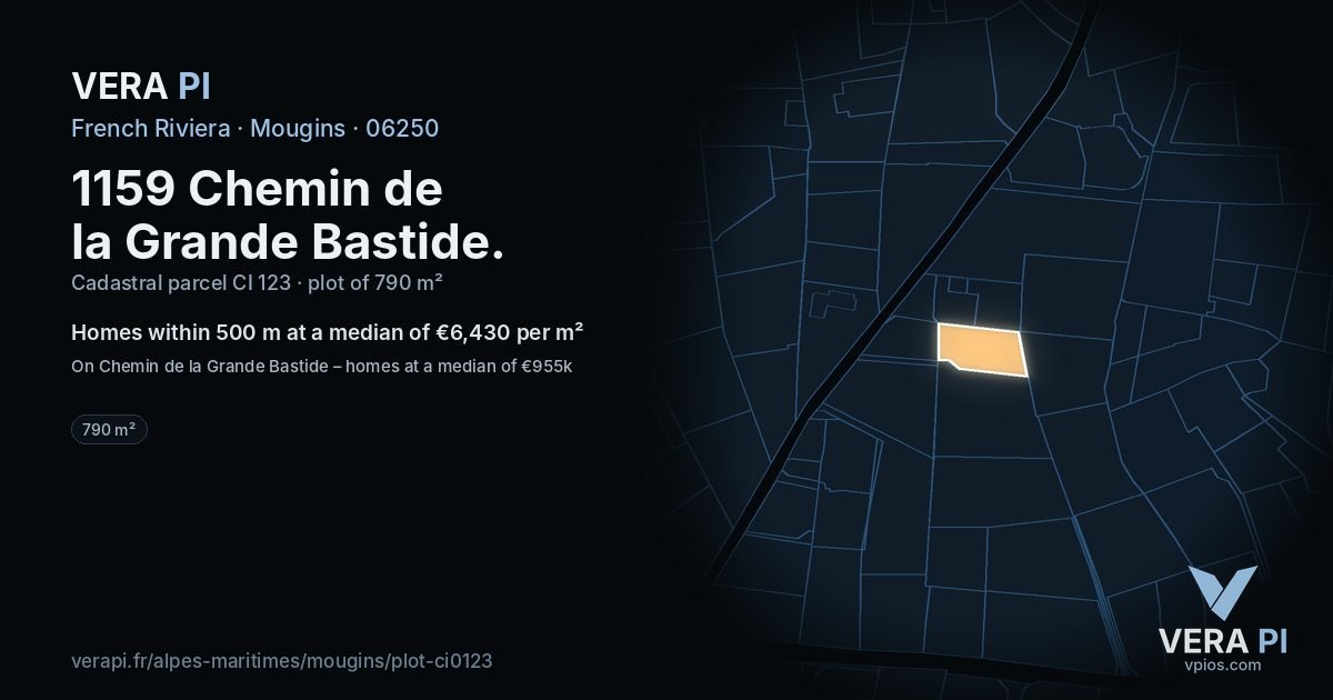1159 Chemin de la Grande Bastide, Mougins at night – the plot lit, the parcels around coloured by the prices near them