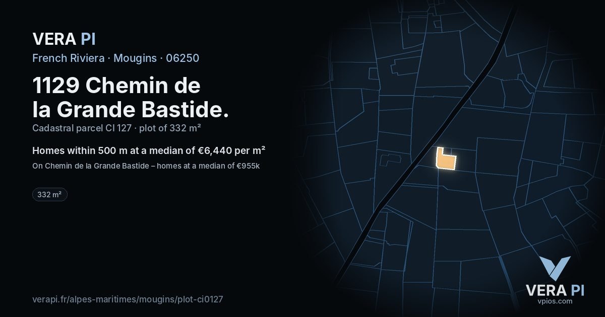 1129 Chemin de la Grande Bastide, Mougins at night – the plot lit, the parcels around coloured by the prices near them