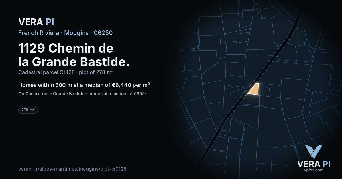 1129 Chemin de la Grande Bastide, Mougins at night – the plot lit, the parcels around coloured by the prices near them