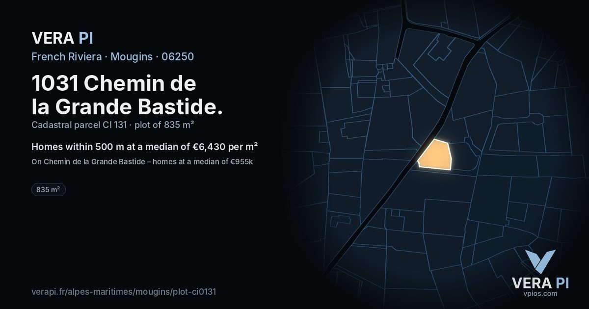 1031 Chemin de la Grande Bastide, Mougins at night – the plot lit, the parcels around coloured by the prices near them