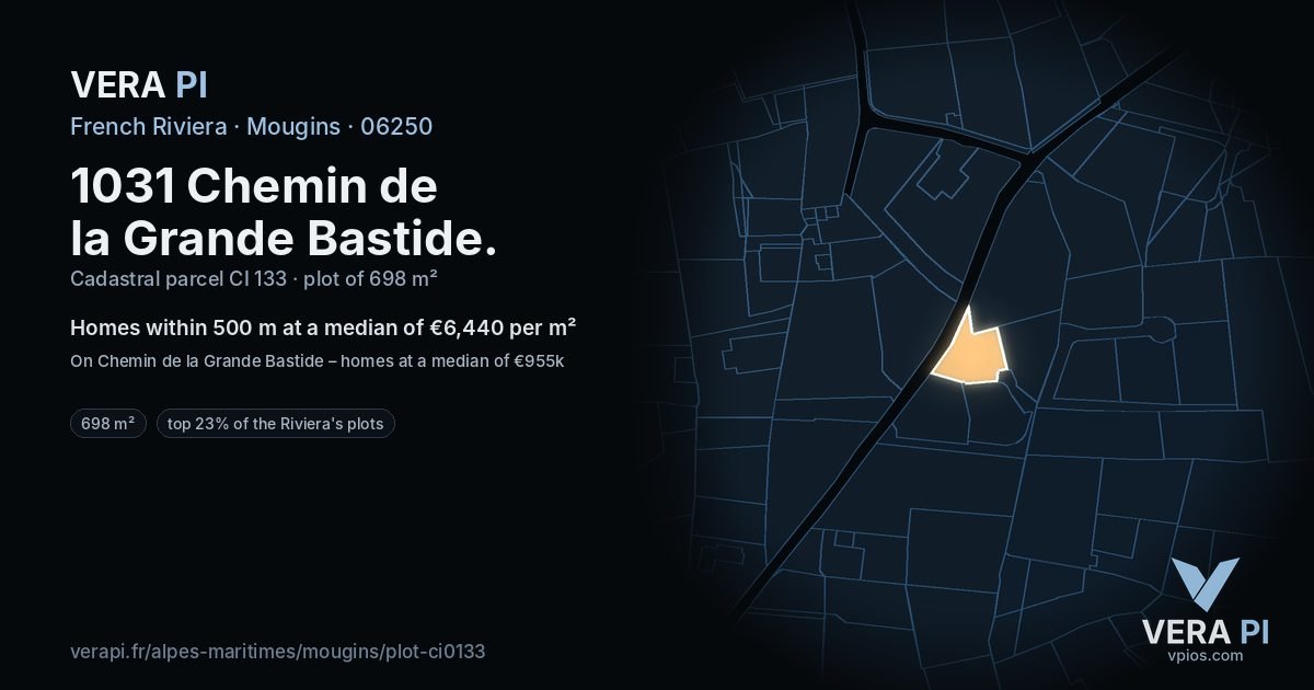 1031 Chemin de la Grande Bastide, Mougins at night – the plot lit, the parcels around coloured by the prices near them