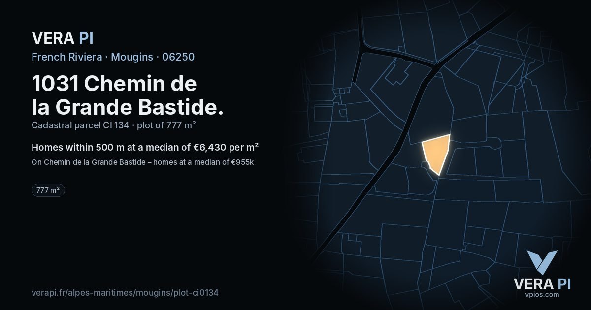 1031 Chemin de la Grande Bastide, Mougins at night – the plot lit, the parcels around coloured by the prices near them