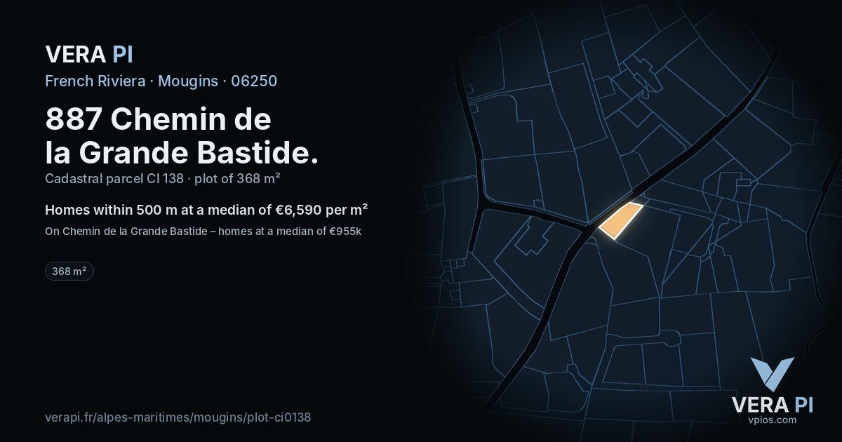 887 Chemin de la Grande Bastide, Mougins at night – the plot lit, the parcels around coloured by the prices near them