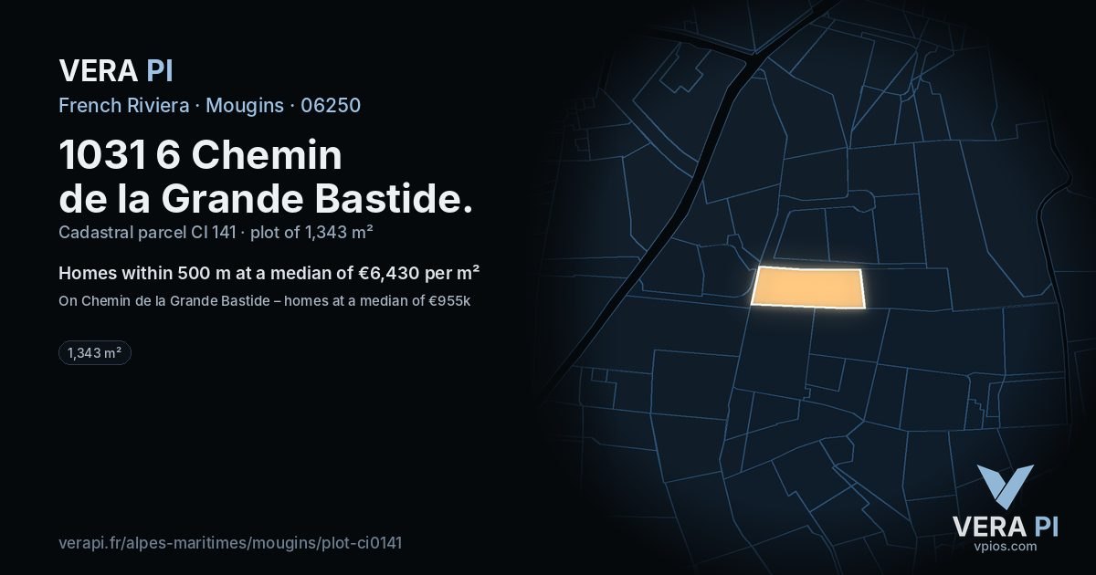1031 6 Chemin de la Grande Bastide, Mougins at night – the plot lit, the parcels around coloured by the prices near them