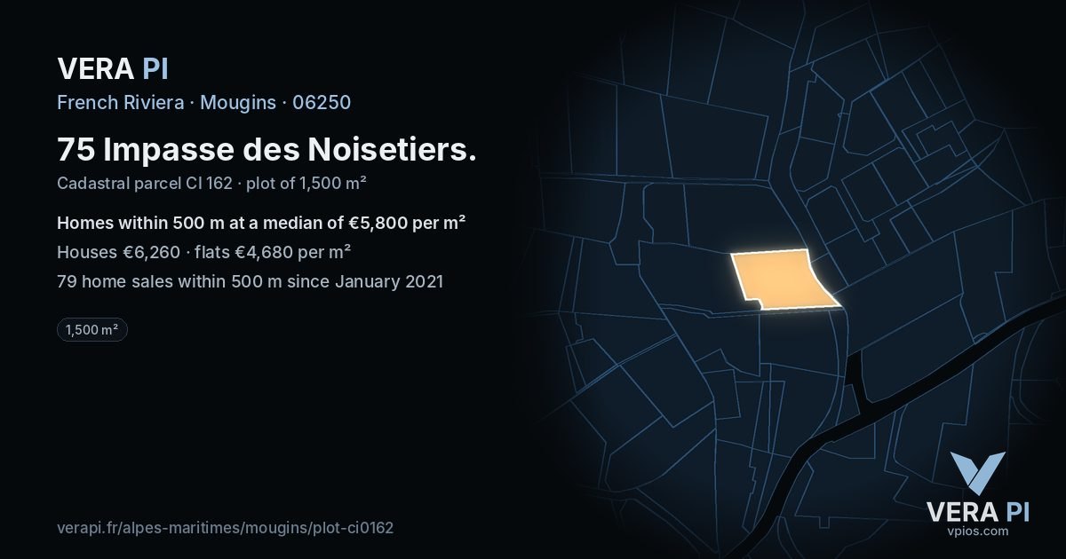 75 Impasse des Noisetiers, Mougins at night – the plot lit, the parcels around coloured by the prices near them