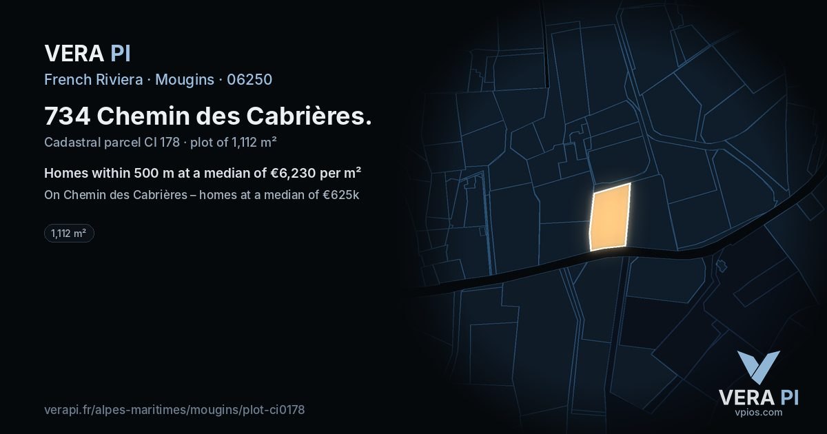 734 Chemin des Cabrières, Mougins at night – the plot lit, the parcels around coloured by the prices near them