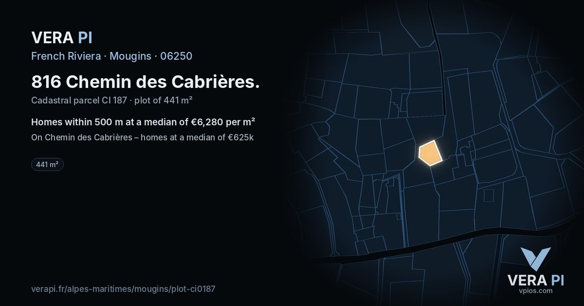 816 Chemin des Cabrières, Mougins at night – the plot lit, the parcels around coloured by the prices near them