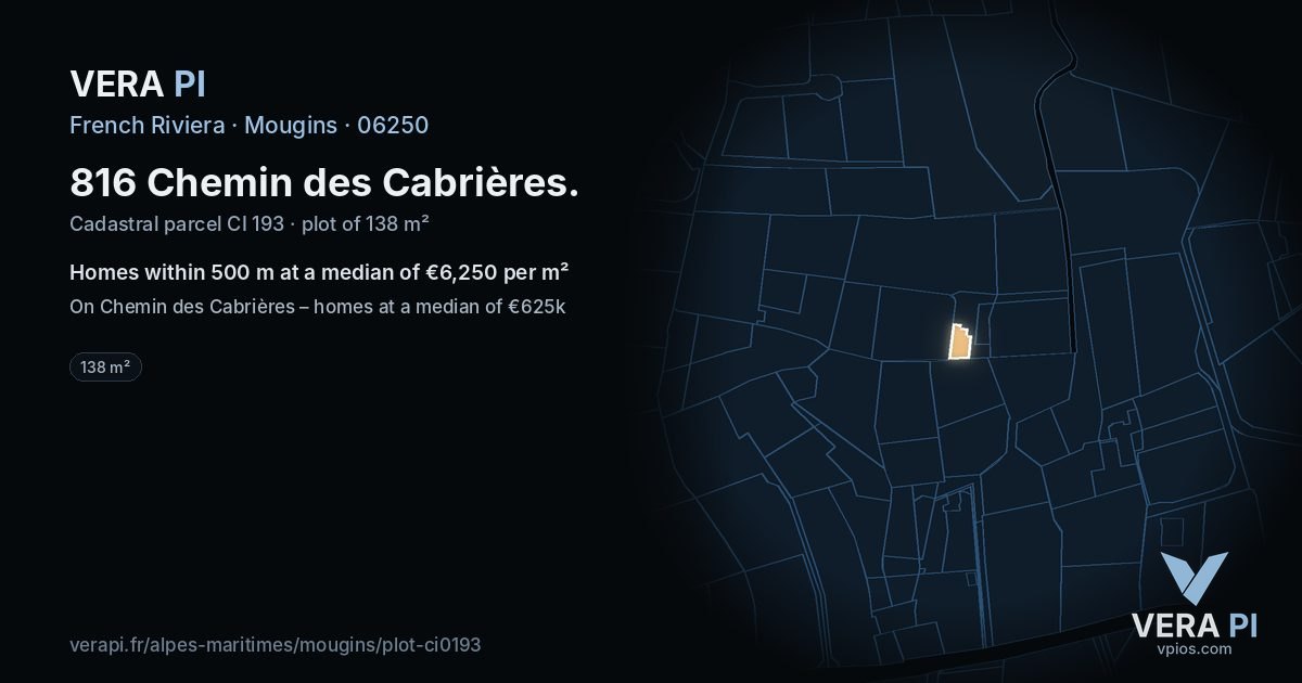 816 Chemin des Cabrières, Mougins at night – the plot lit, the parcels around coloured by the prices near them