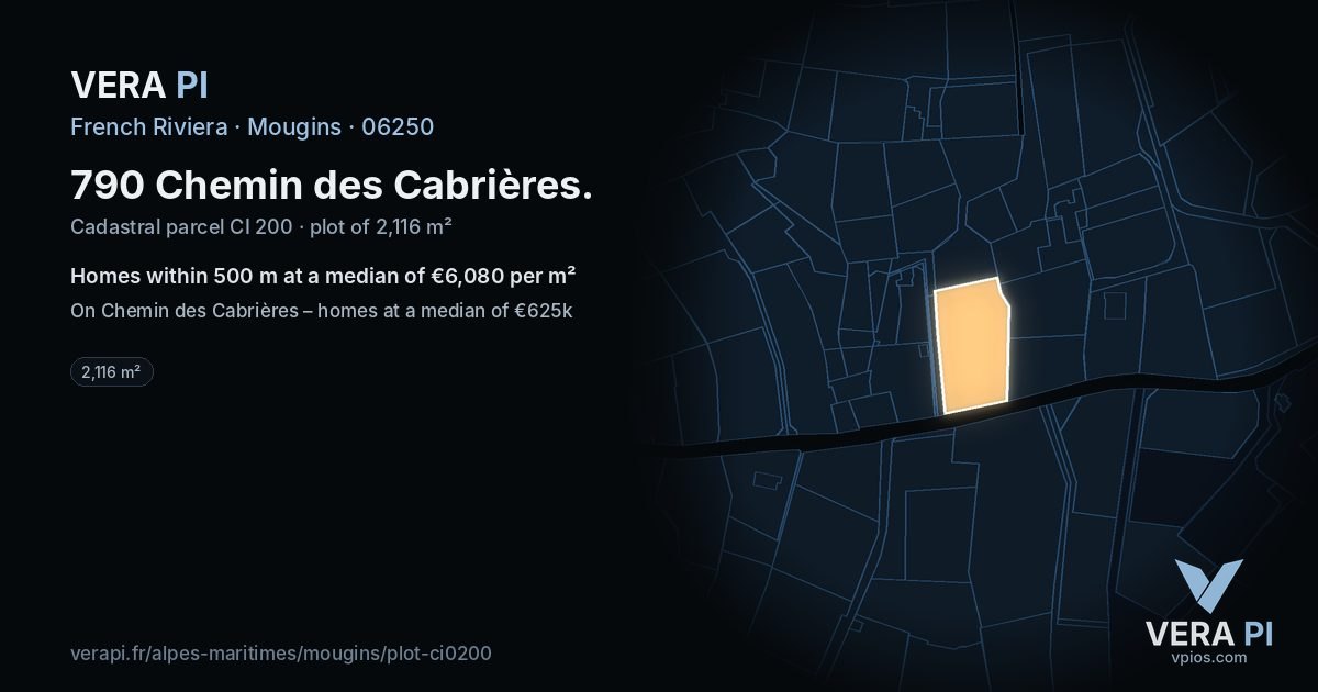 790 Chemin des Cabrières, Mougins at night – the plot lit, the parcels around coloured by the prices near them