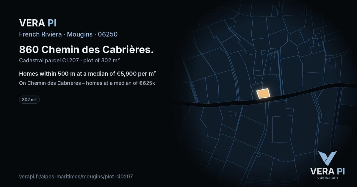 860 Chemin des Cabrières, Mougins at night – the plot lit, the parcels around coloured by the prices near them