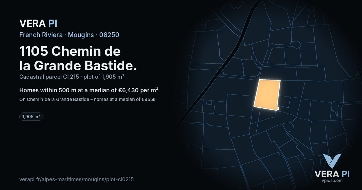 1105 Chemin de la Grande Bastide, Mougins at night – the plot lit, the parcels around coloured by the prices near them