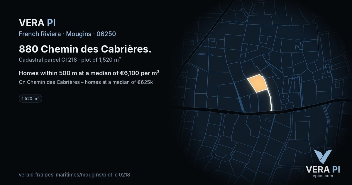 880 Chemin des Cabrières, Mougins at night – the plot lit, the parcels around coloured by the prices near them
