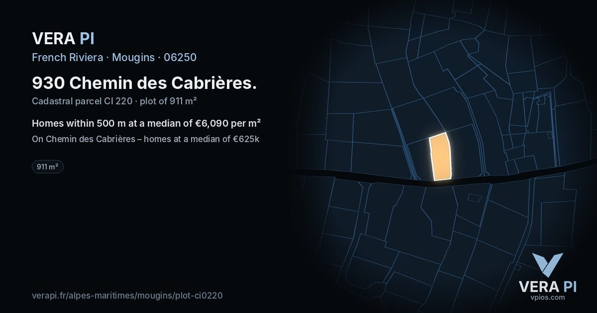 930 Chemin des Cabrières, Mougins at night – the plot lit, the parcels around coloured by the prices near them