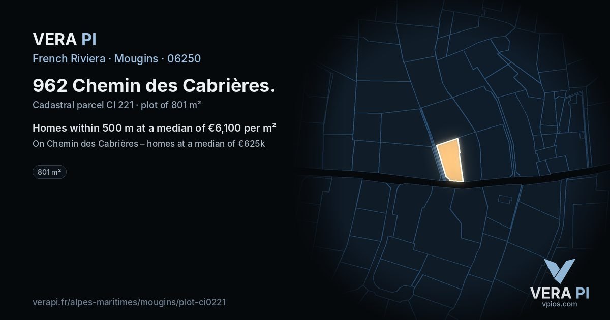 962 Chemin des Cabrières, Mougins at night – the plot lit, the parcels around coloured by the prices near them