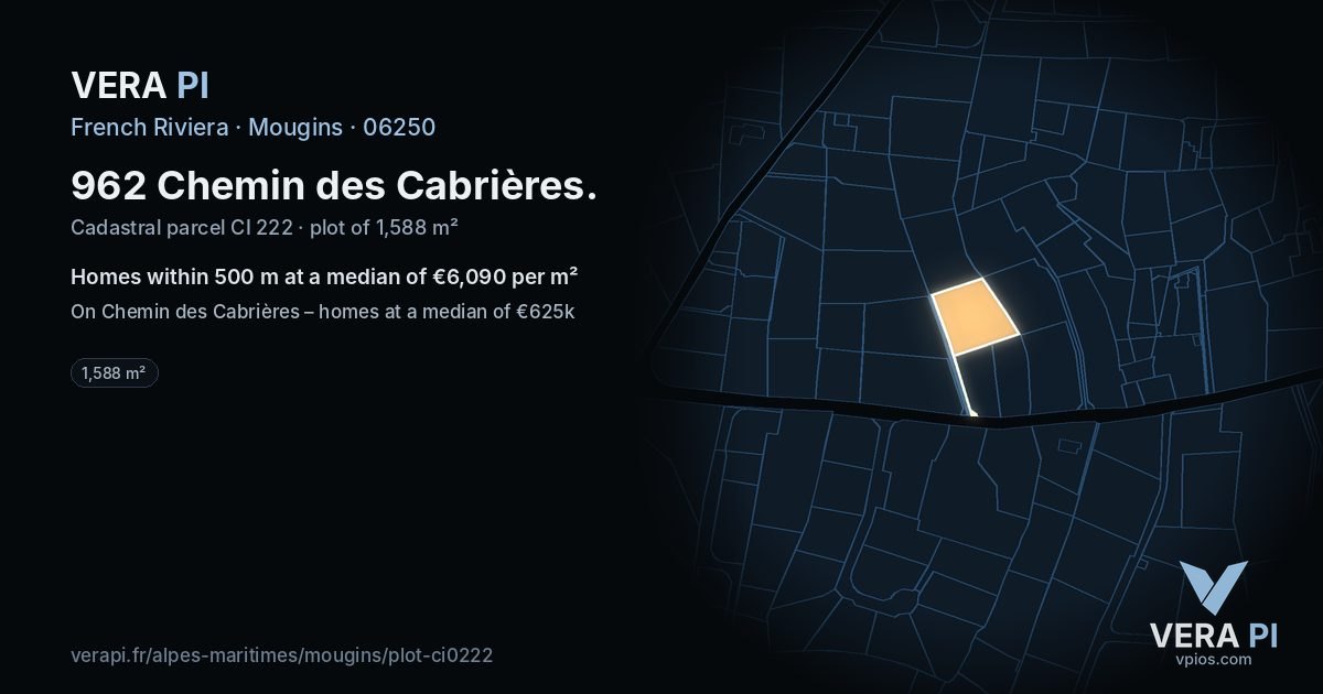 962 Chemin des Cabrières, Mougins at night – the plot lit, the parcels around coloured by the prices near them