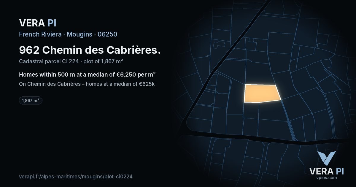 962 Chemin des Cabrières, Mougins at night – the plot lit, the parcels around coloured by the prices near them