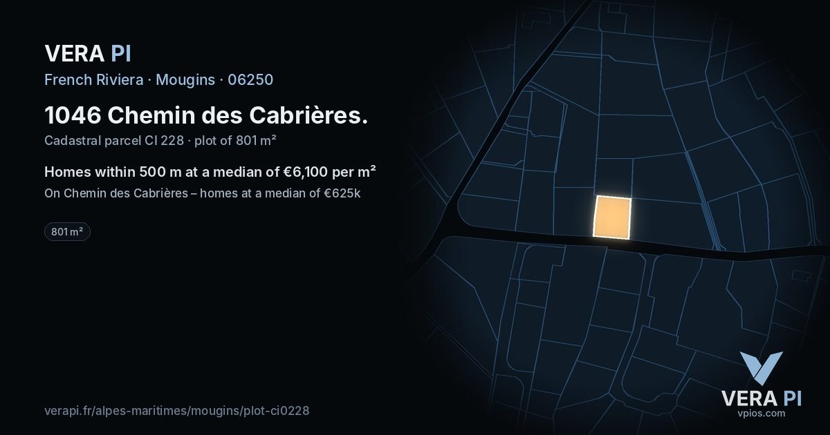 1046 Chemin des Cabrières, Mougins at night – the plot lit, the parcels around coloured by the prices near them