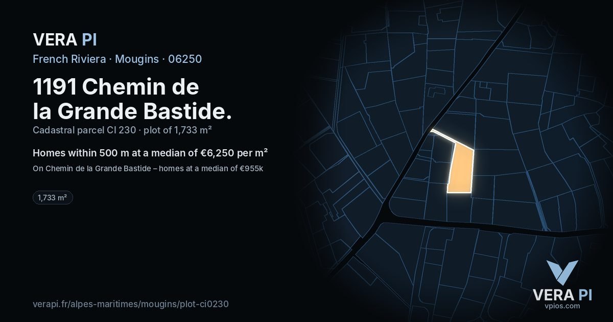 1191 Chemin de la Grande Bastide, Mougins at night – the plot lit, the parcels around coloured by the prices near them