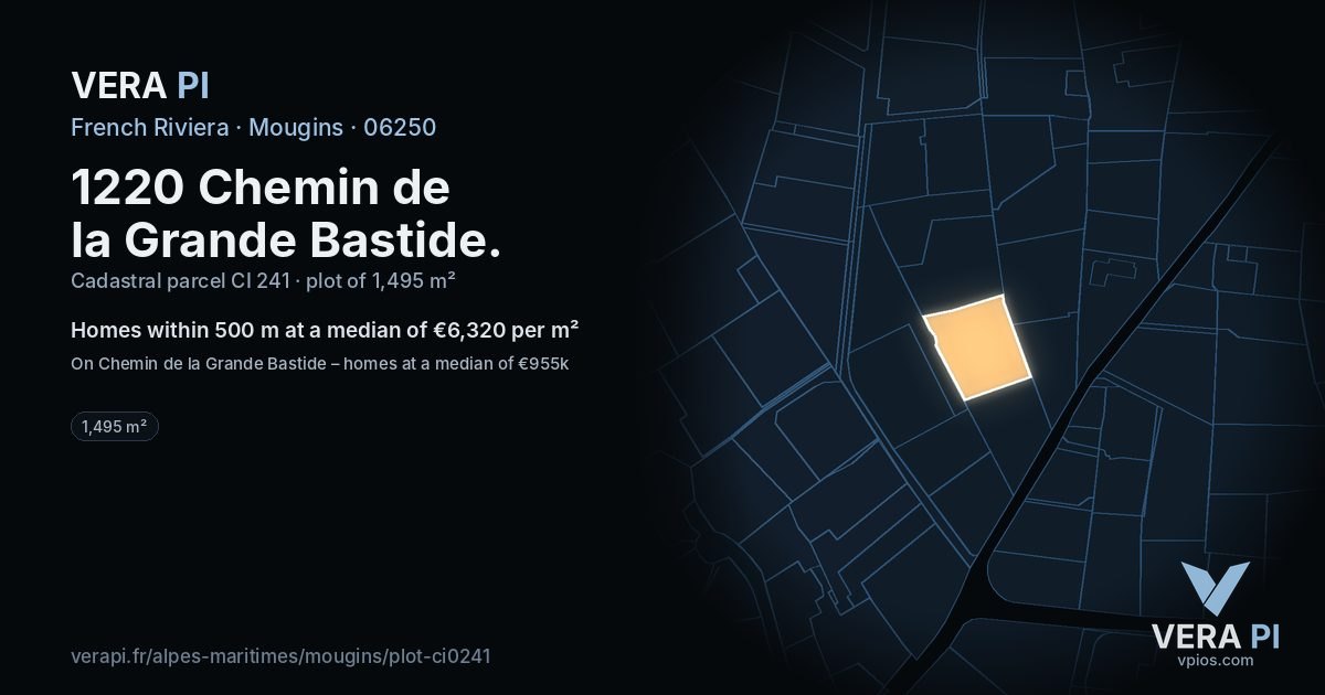 1220 Chemin de la Grande Bastide, Mougins at night – the plot lit, the parcels around coloured by the prices near them