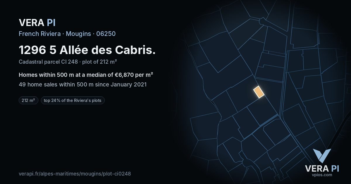 1296 5 Allée des Cabris, Mougins at night – the plot lit, the parcels around coloured by the prices near them