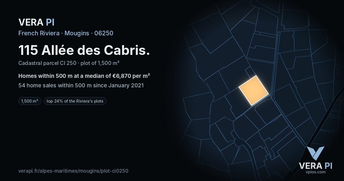 115 Allée des Cabris, Mougins at night – the plot lit, the parcels around coloured by the prices near them