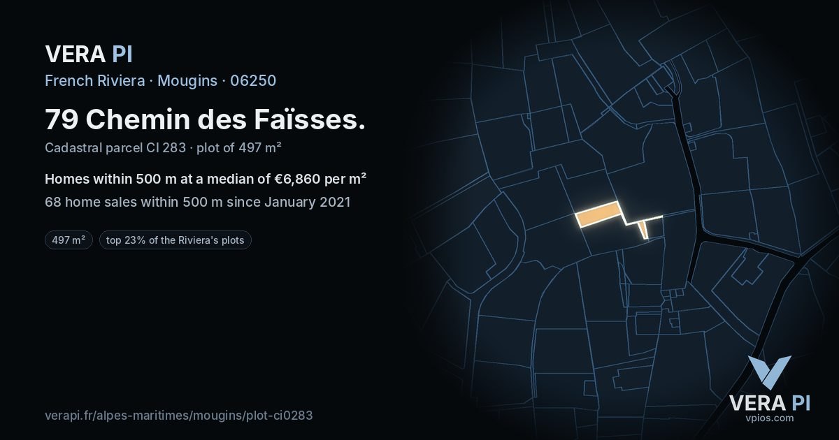 79 Chemin des Faïsses, Mougins at night – the plot lit, the parcels around coloured by the prices near them