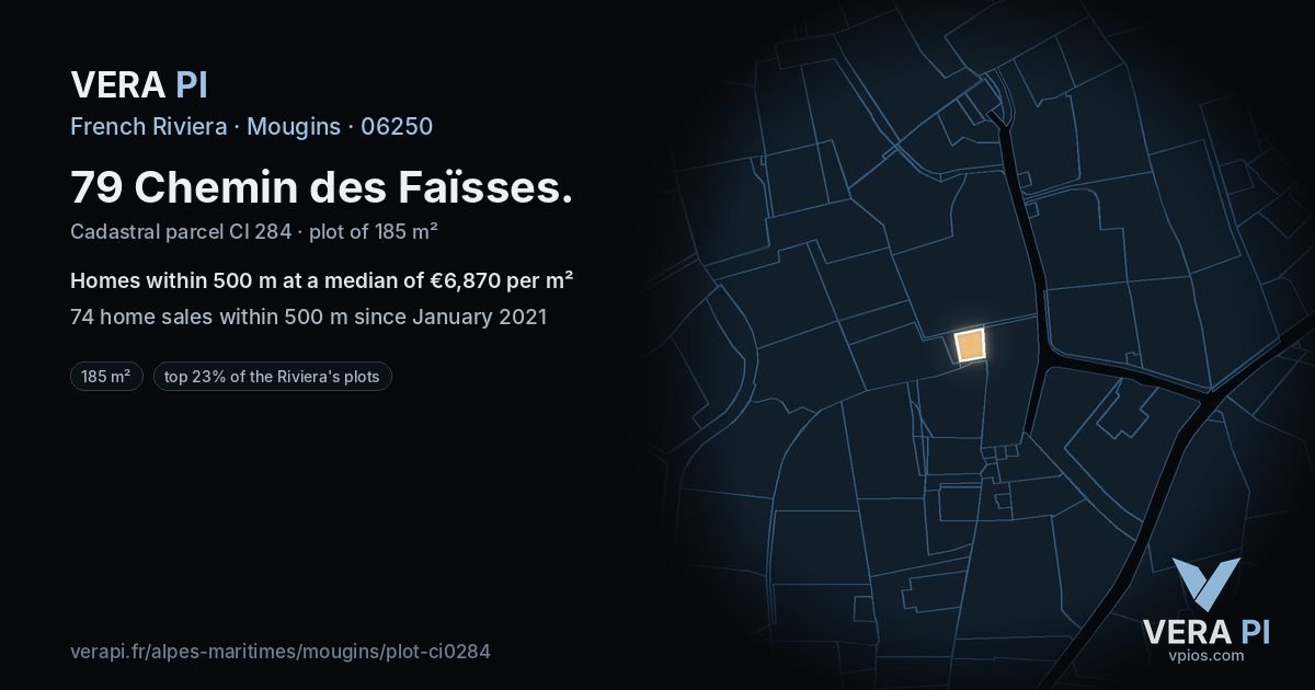 79 Chemin des Faïsses, Mougins at night – the plot lit, the parcels around coloured by the prices near them