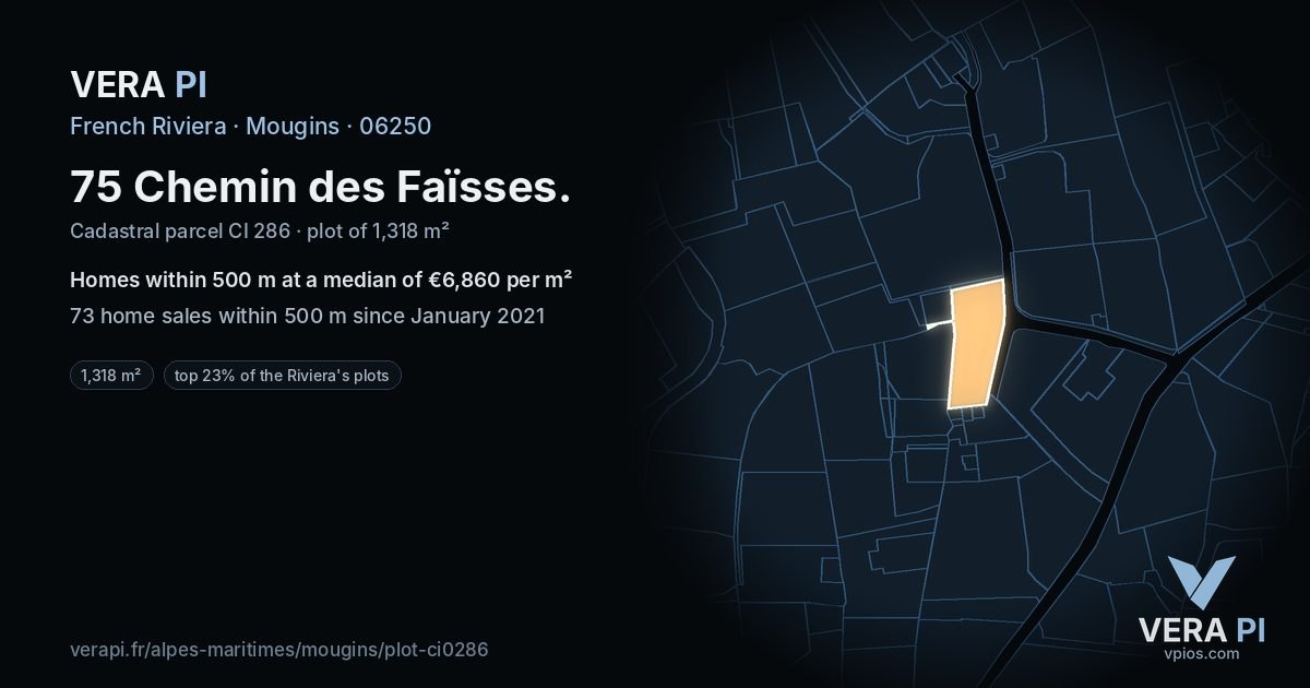 75 Chemin des Faïsses, Mougins at night – the plot lit, the parcels around coloured by the prices near them