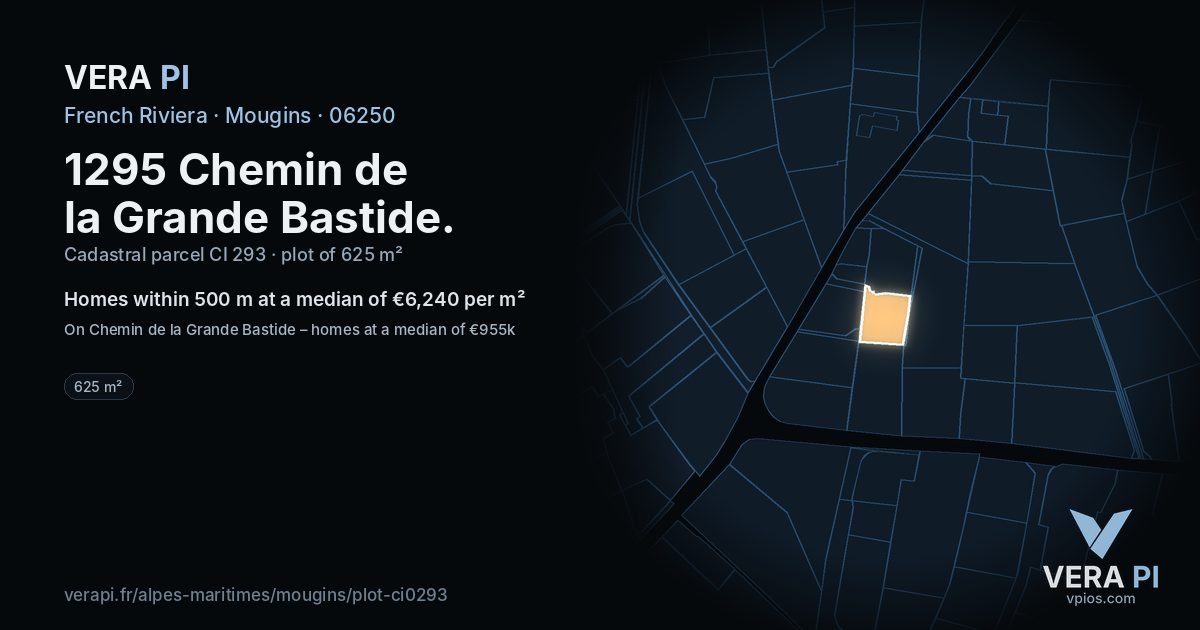 1295 Chemin de la Grande Bastide, Mougins at night – the plot lit, the parcels around coloured by the prices near them