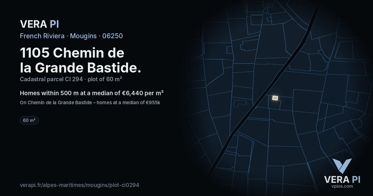 1105 Chemin de la Grande Bastide, Mougins at night – the plot lit, the parcels around coloured by the prices near them