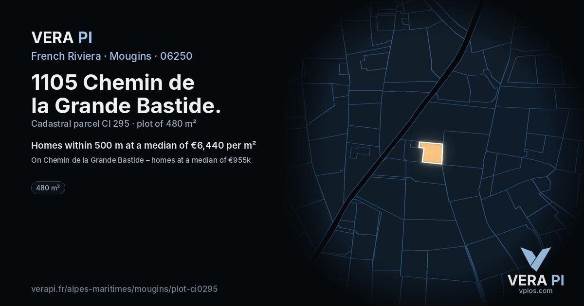 1105 Chemin de la Grande Bastide, Mougins at night – the plot lit, the parcels around coloured by the prices near them