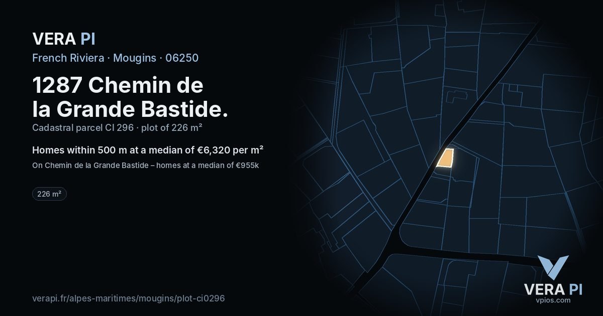 1287 Chemin de la Grande Bastide, Mougins at night – the plot lit, the parcels around coloured by the prices near them