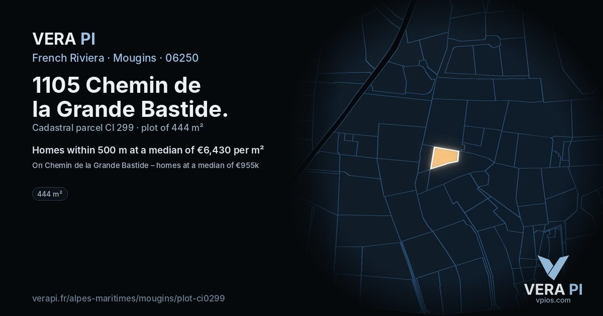 1105 Chemin de la Grande Bastide, Mougins at night – the plot lit, the parcels around coloured by the prices near them