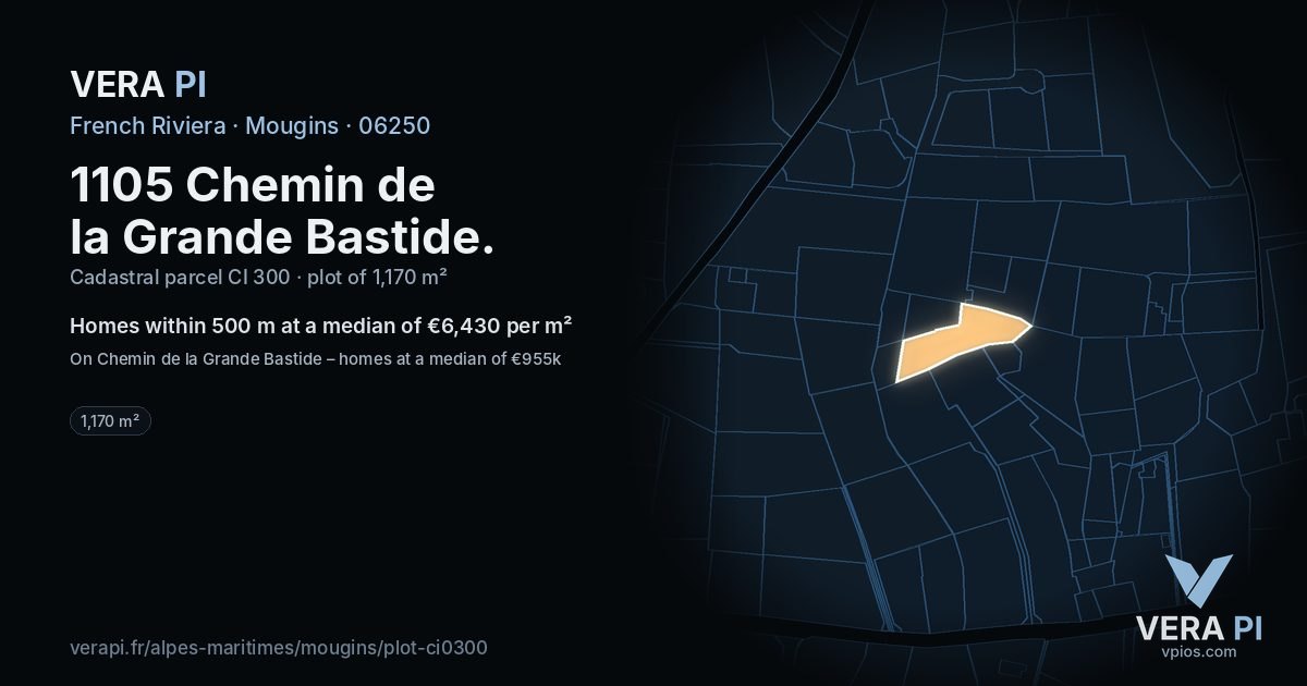 1105 Chemin de la Grande Bastide, Mougins at night – the plot lit, the parcels around coloured by the prices near them