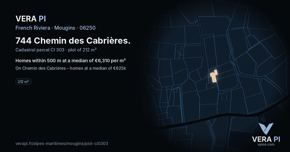 744 Chemin des Cabrières, Mougins at night – the plot lit, the parcels around coloured by the prices near them