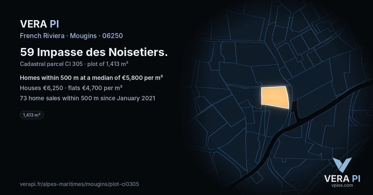 59 Impasse des Noisetiers, Mougins at night – the plot lit, the parcels around coloured by the prices near them