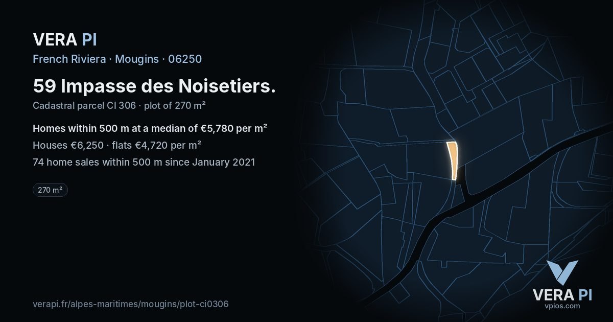 59 Impasse des Noisetiers, Mougins at night – the plot lit, the parcels around coloured by the prices near them