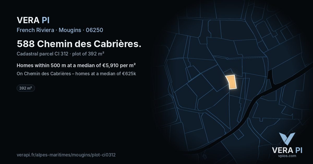 588 Chemin des Cabrières, Mougins at night – the plot lit, the parcels around coloured by the prices near them