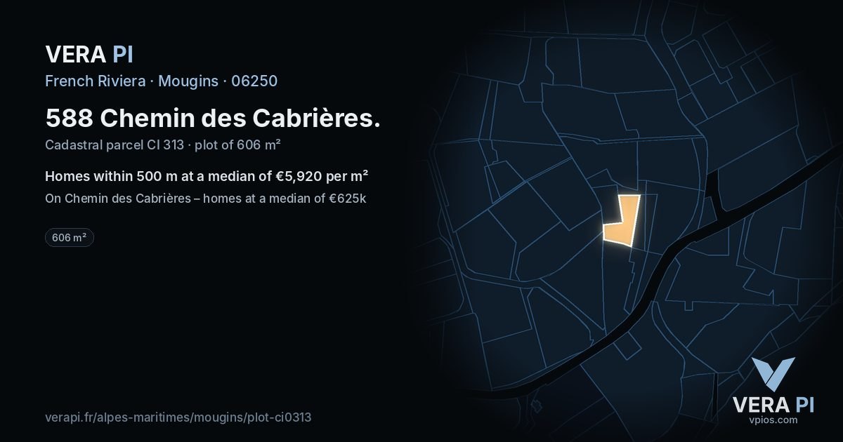 588 Chemin des Cabrières, Mougins at night – the plot lit, the parcels around coloured by the prices near them