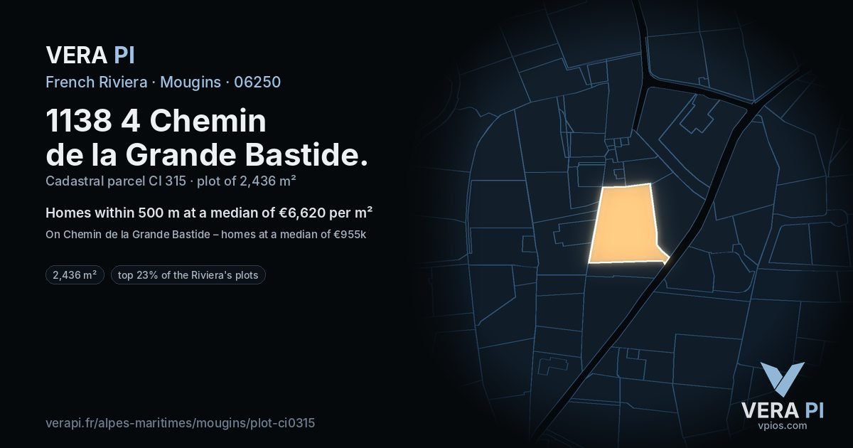 1138 4 Chemin de la Grande Bastide, Mougins at night – the plot lit, the parcels around coloured by the prices near them