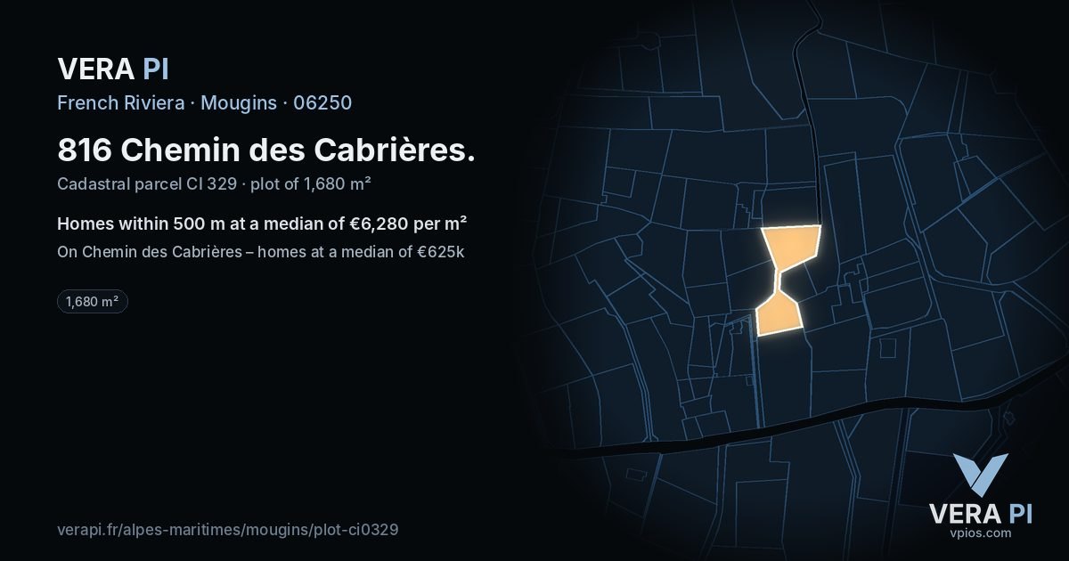 816 Chemin des Cabrières, Mougins at night – the plot lit, the parcels around coloured by the prices near them