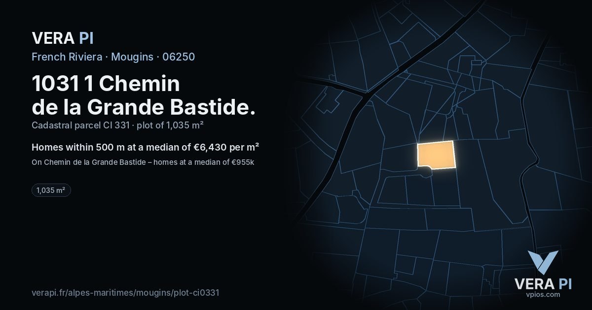 1031 1 Chemin de la Grande Bastide, Mougins at night – the plot lit, the parcels around coloured by the prices near them