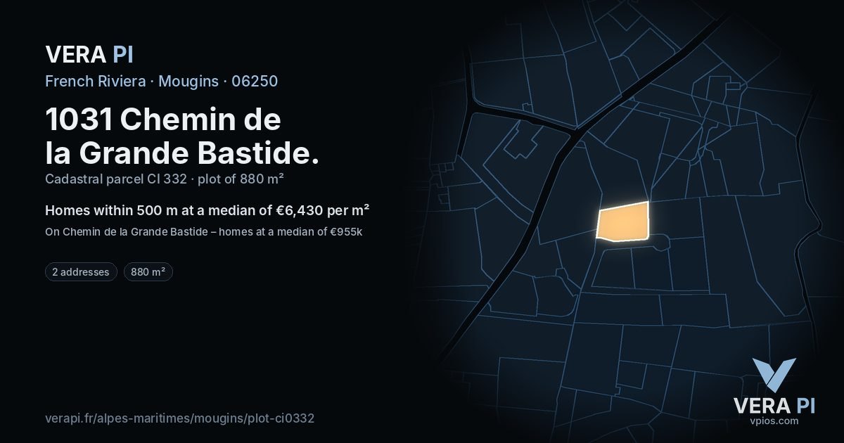 1031 Chemin de la Grande Bastide, Mougins at night – the plot lit, the parcels around coloured by the prices near them