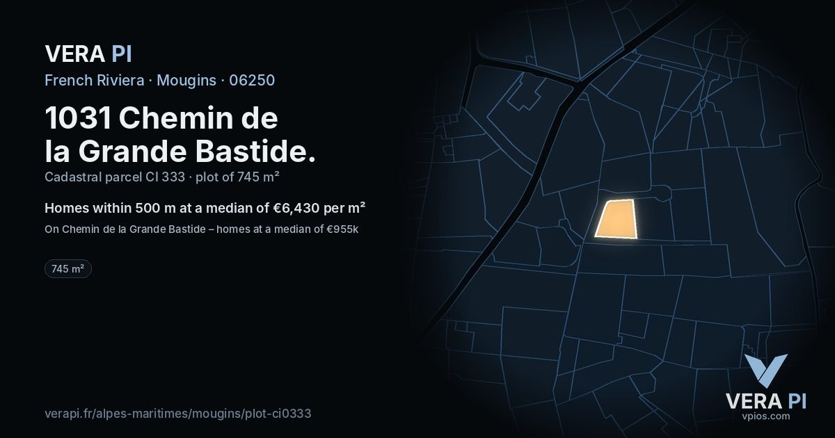 1031 Chemin de la Grande Bastide, Mougins at night – the plot lit, the parcels around coloured by the prices near them