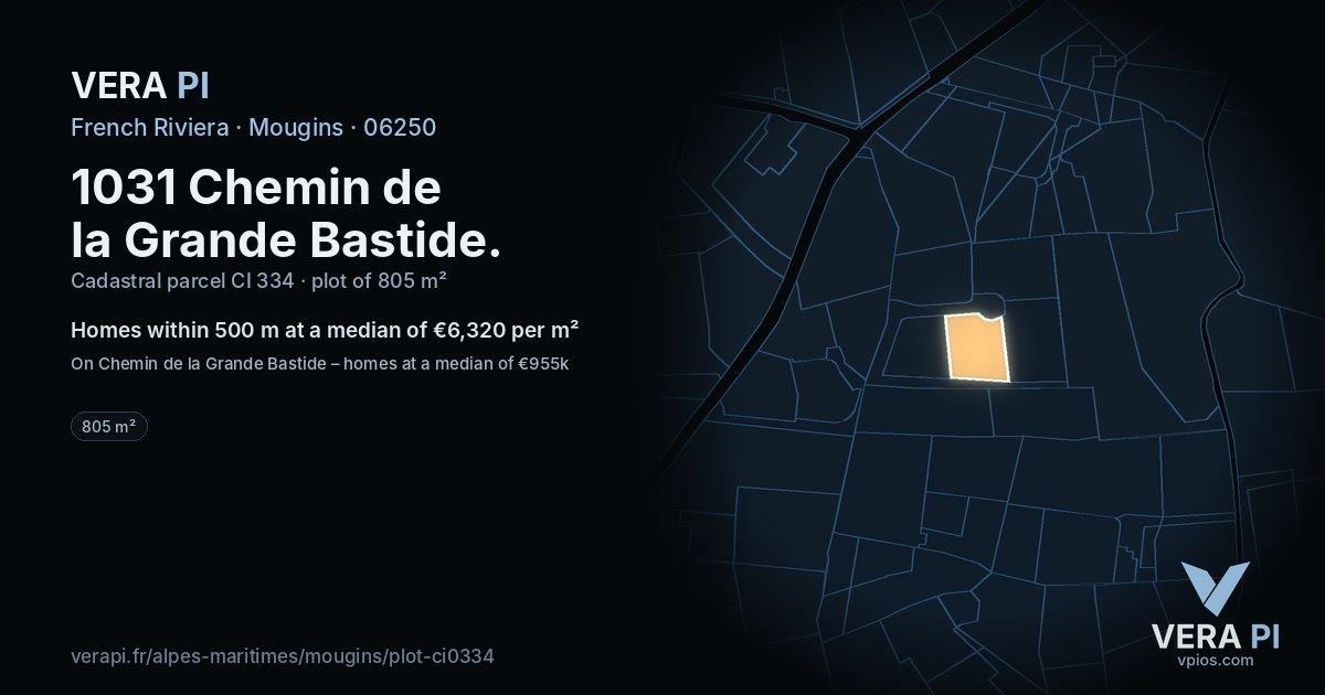 1031 Chemin de la Grande Bastide, Mougins at night – the plot lit, the parcels around coloured by the prices near them