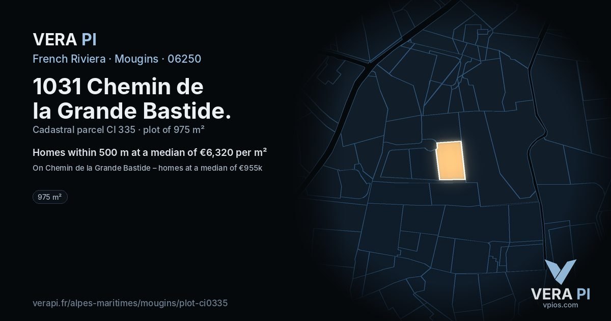 1031 Chemin de la Grande Bastide, Mougins at night – the plot lit, the parcels around coloured by the prices near them