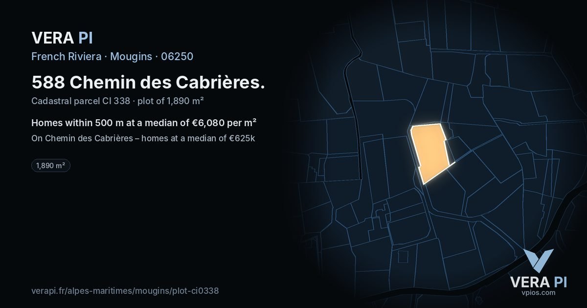 588 Chemin des Cabrières, Mougins at night – the plot lit, the parcels around coloured by the prices near them
