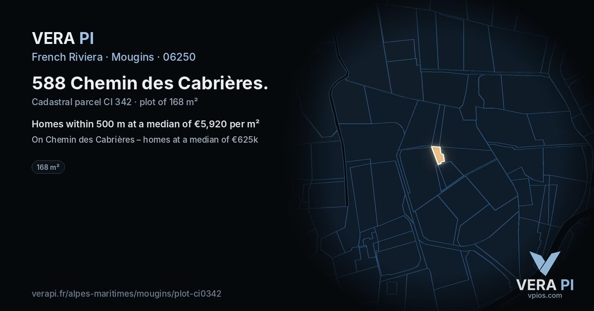 588 Chemin des Cabrières, Mougins at night – the plot lit, the parcels around coloured by the prices near them